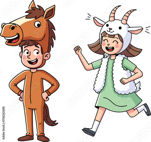 Happy kids wearing animal costumes, cute boy dressed as horse and girl dressed as goat, fun cartoon illustration for children