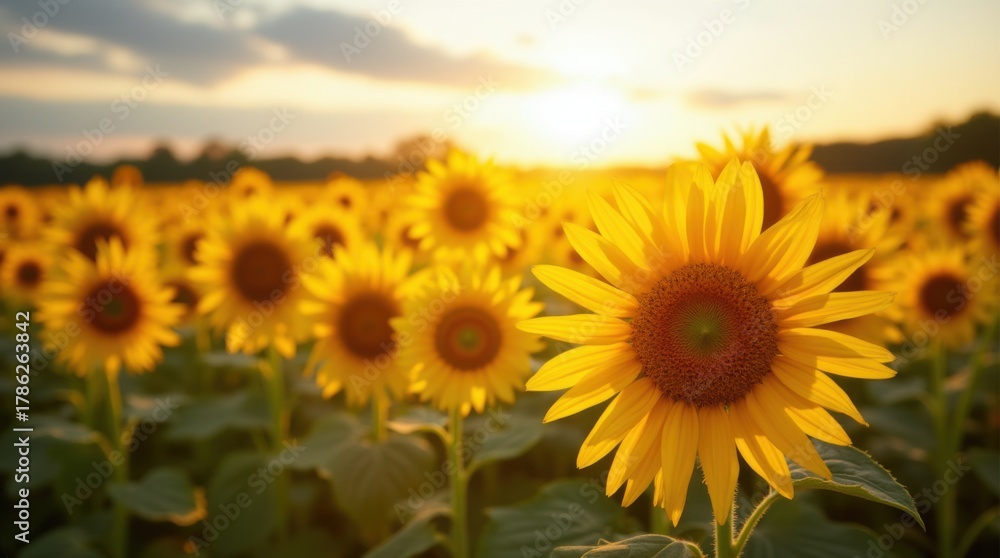 Obraz premium A field of sunflowers turning their faces towards the bright sun. 