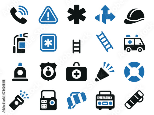 A collection of emergency and safety icons in blue and black colors for quick reference.