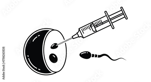 A syringe injects fluid into an egg cell alongside a sperm in a medical illustration.