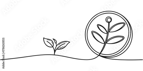Christmas vector continuous line drawing of a plant growing from a sprout to a mature plant in a circle frame