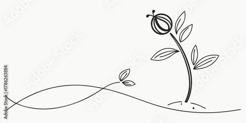 Christmas vector illustration of a stylized flower with leaves and a small sprout on a curved line design element