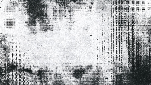 Abstract black and white grunge texture with halftone dot pattern and weathered surface.