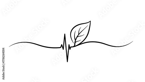 Simple line art graphic of a heartbeat pulse transforming into a green leaf, symbolizing life, growth, health, and the harmonious connection between vitality and nature's rhythm
