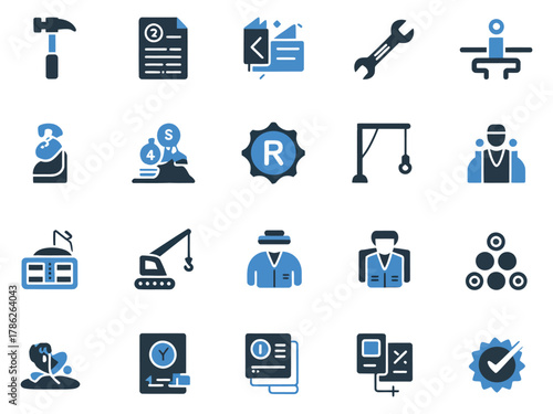 Icons representing various professional tools and job-related tasks in a modern design.