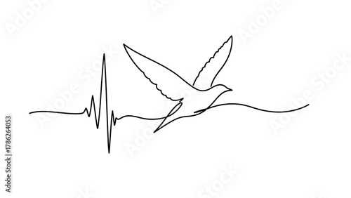 Heartbeat of Freedom A Single-Line Art Representation of a Bird Soaring Above a Pulse Wave