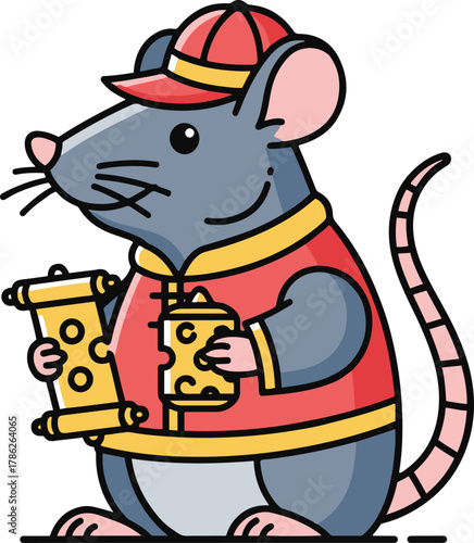 A flat vector cartoon illustration of a cute grey rat, wearing traditional Chinese clothing and a cap, holding a scroll and a block of cheese.