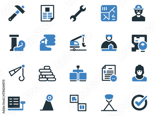 A collection of construction and engineering icons featuring tools, machinery, and professionals.