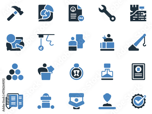 A collection of various occupation and productivity icons in blue tones, representing different sectors.