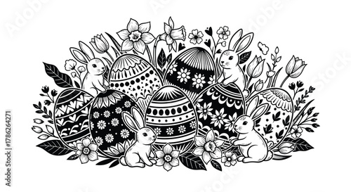 An Easter arrangement of decorated eggs, flowers, and bunnies rendered in a black and white illustrative style.