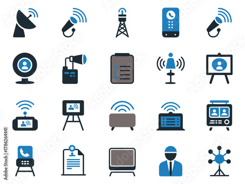 A diverse set of communication icons representing various technologies.