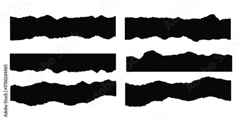 Set of six black ripped paper edge elements with ragged texture isolated on white background