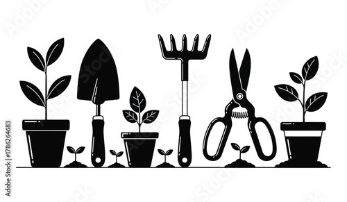 Garden tools and potted plants are arranged on a white background