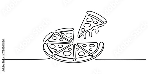 Continuous line art drawing of a delicious pizza with one slice.