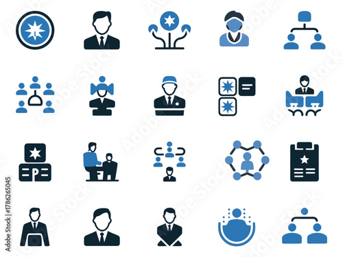 Collection of diverse business and teamwork icons in blue tones, representing collaboration and communication.