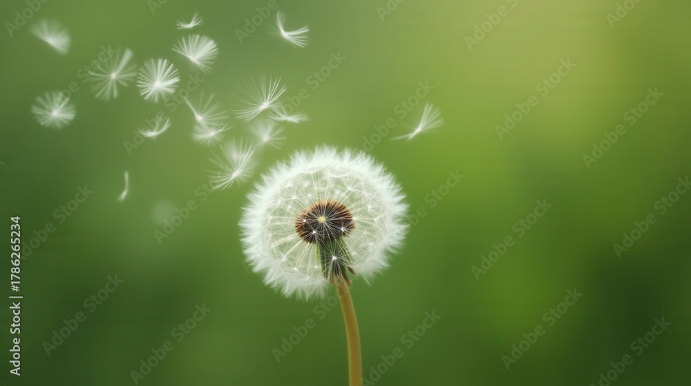 Fototapeta premium White dandelion seeds are carried away by a gentle breeze against a soft-focus green background. 
