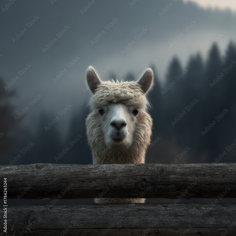 Obraz premium Fluffy alpaca peeking over wooden fence on foggy farm