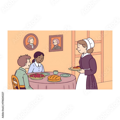 Pilgrim Mother Serving Pie to Children at Thanksgiving Table Portrait