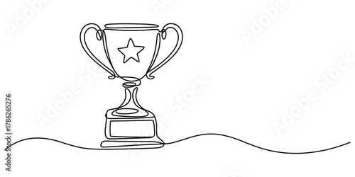 Continuous line art drawing of a trophy cup with a star design on it