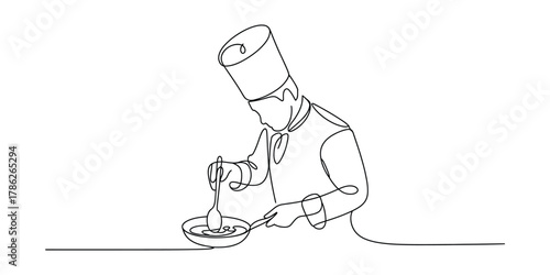 Continuous line art drawing of a chef preparing meal in a pan