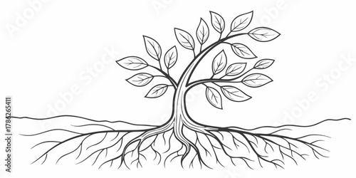 Christmas vector illustration of a tree with leaves and roots extending into the ground in black and white style