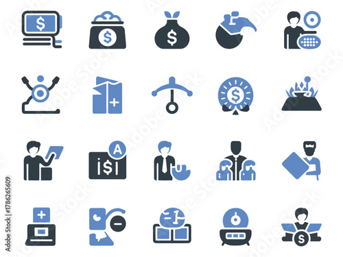 A diverse collection of finance and business icons in various shades and styles.