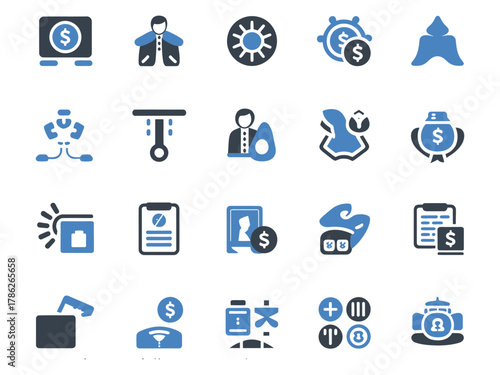 A collection of finance and business icons in blue and gray shades, symbolizing various financial concepts.