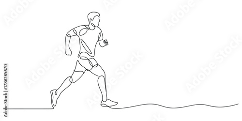 Continuous line art drawing of a man running, active lifestyle