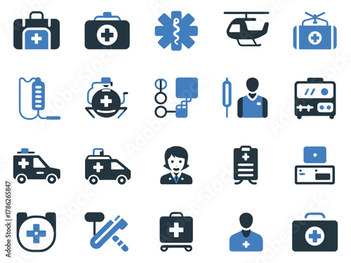A collage of medical icons representing healthcare services and equipment in blue tones.