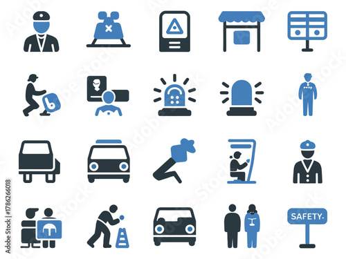 Collection of safety and security icons in a modern, minimalist style, showcasing various scenarios.
