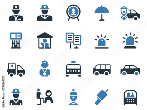A variety of public safety icons depicting officers, vehicles, and emergency equipment.