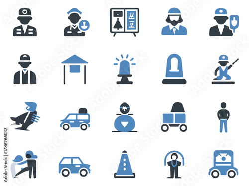 A collection of police and emergency service icons in a modern flat design style.
