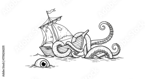 Nautical peril illustration: A kraken attacks sailing vessel amidst ominous ocean waters