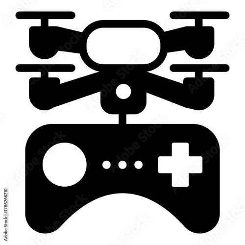 Drone copter with control joystick solid icon, portable electronics concept, quadcopter and gamepad sign on white background, glyph style for mobile web design. Vector graphics.