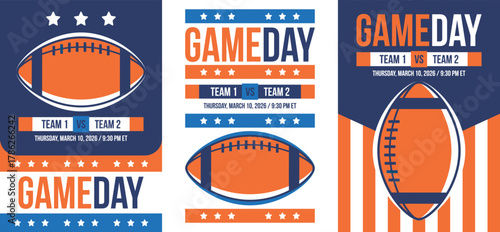 Game Day. American football playoff. Super Party in United States. Final game of regular season. Professional team championship. Ball for american football. Sport poster. Vector illustration
