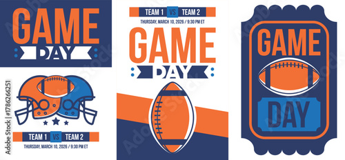 Game Day. American football playoff. Super Party in United States. Final game of regular season. Professional team championship. Ball for american football. Sport poster. Vector illustration