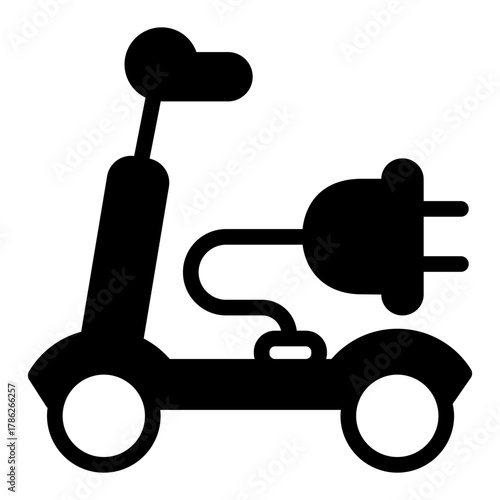 Electric scooter, plug and wire solid icon, recharging electric transportation concept, smart vehicle sign on white background, glyph style for mobile web design. Vector graphics.