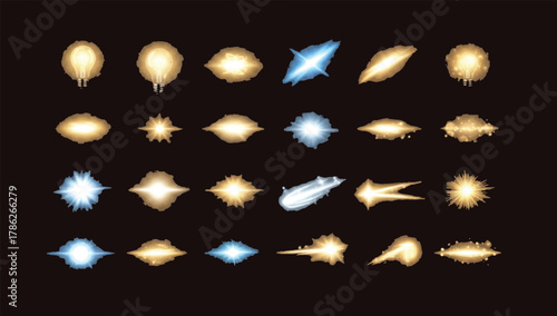 The image presents a collection of 24 distinct light bursts and flashes arranged in a matrix format,