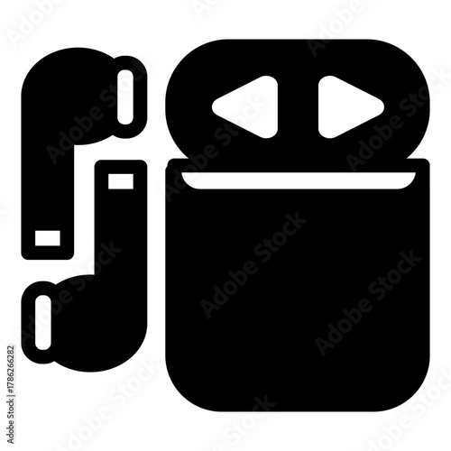 Wireless headphones with case for recharging them solid icon, portable device concept, earbuds sign on white background, glyph style for mobile web design. Vector graphics.