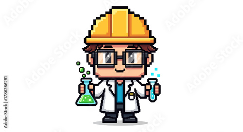 Pixelated cartoon scientist with safety helmet conducting experiments in a lab setting
