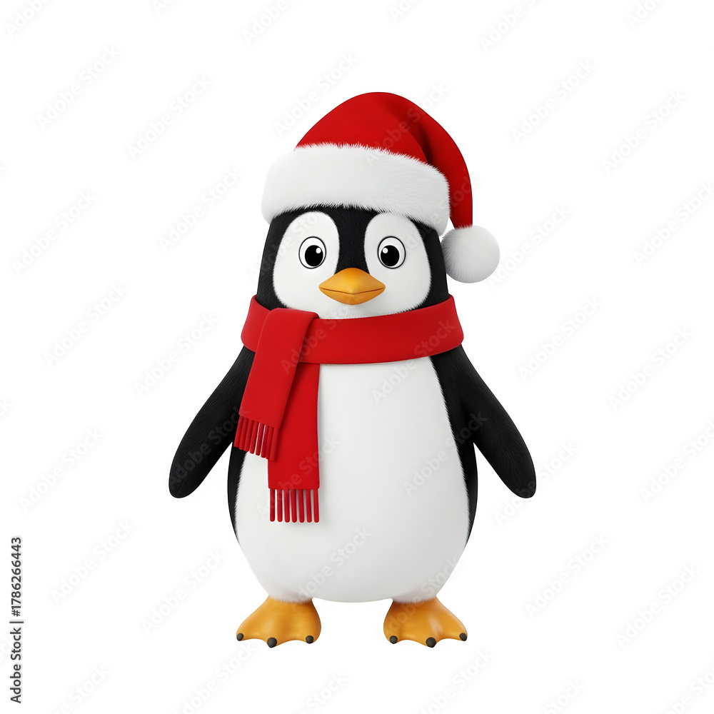 Fototapeta premium Cute penguin wearing santa hat and scarf
