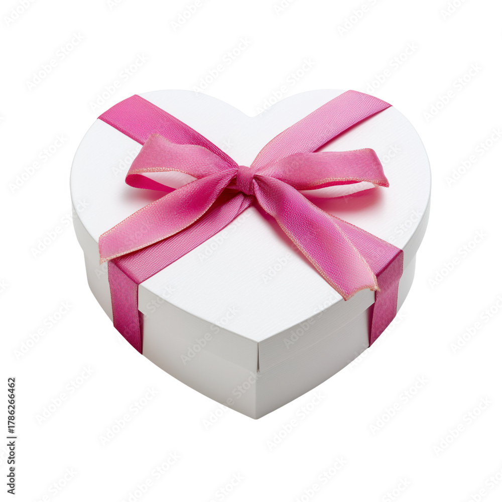 Obraz premium A beautiful white heart-shaped gift box with a pink ribbon bow, isolated on a white background. The elegant and romantic design symbolizes love, affection, and celebration perfect for Valentine’s Day
