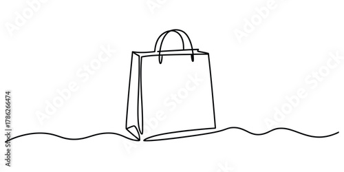 Continuous line art drawing of a minimalist shopping bag icon
