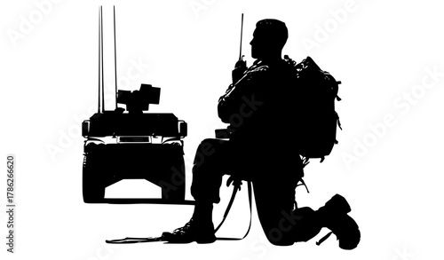 a silhouette of a soldier kneeling in front of a military vehiclebriefcase, chair, equipment, fishing pole, luggage, man, profile, radio, sit, soldier, stool, tripod, video camera 