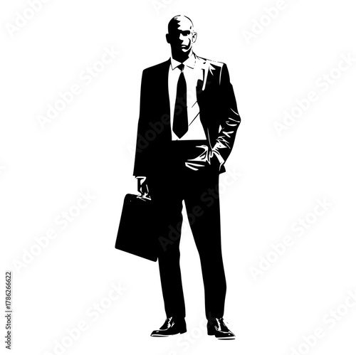 a silhouette of a man in a formal suit holding a briefcaseblack, briefcase, business suit, businessman, carry, catch, hand, man, stand, suit, tie, wear 