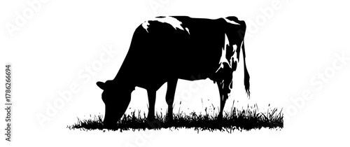 a black and white silhouette of a cow grazing on grassblack, cattle, cow, eat, field, grass, graze, lush, profile, stand, white 