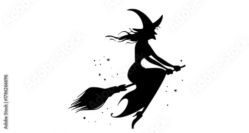 a silhouette of a witch flying on a broomblack, broom, fly, halloween, illustration, magic, profile, sky, star, witch 