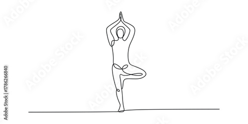 Continuous line drawing of person doing yoga tree pose meditation