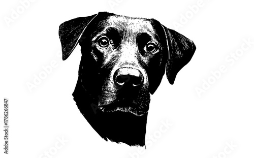 a black and white drawing of a dog's headblack, dog, head, nose, photo, portrait, stare, white 