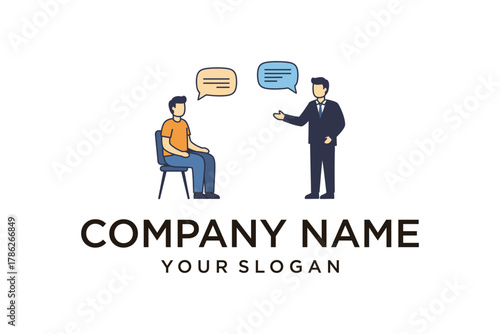 Two men engaged in professional discussion or interview with speech bubbles, flat design illustration.